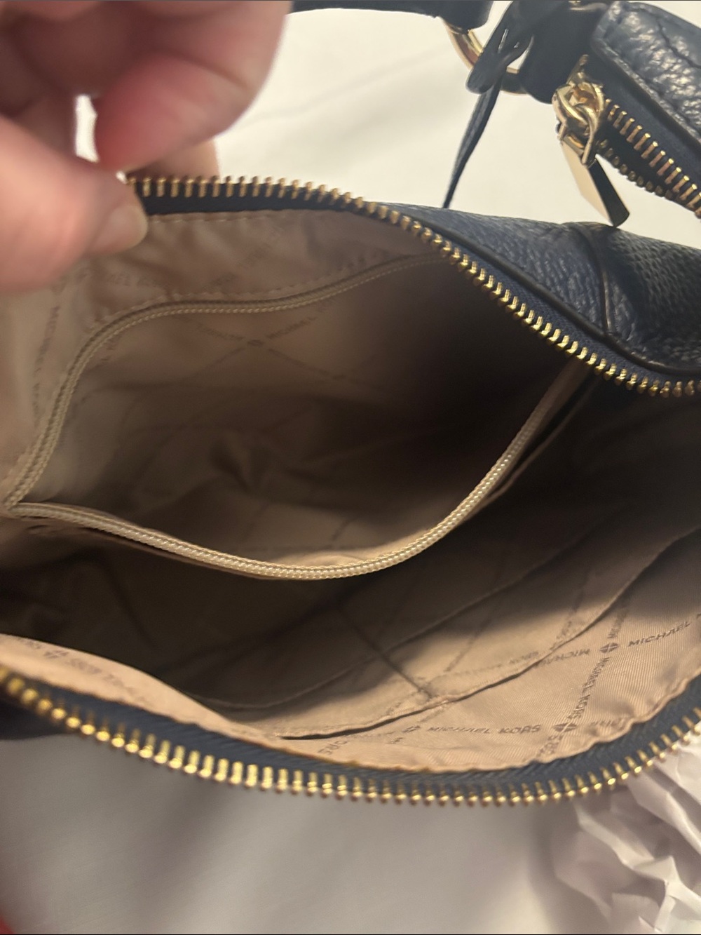 Michael Kors Lydia Navy Pebbled Leather Hobo Bag w/Gold accents Studded handle - Picture 8 of 12